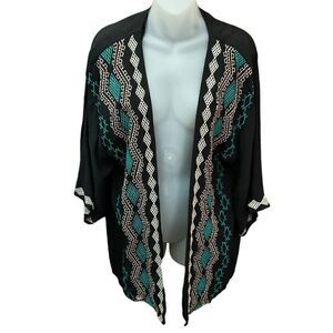 inLUV Swimsuit Cover Up Open Front Kimono Black Geometric Embroidery Size Small